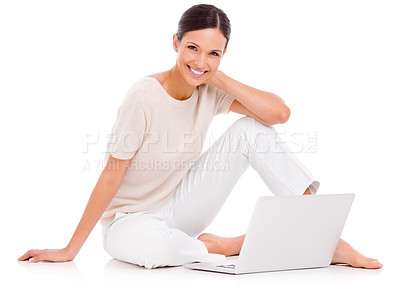 Buy stock photo Portrait, laptop and learning with smile of woman in studio isolated on white background for networking. Computer, research or information with happy young person sitting on floor for internet study