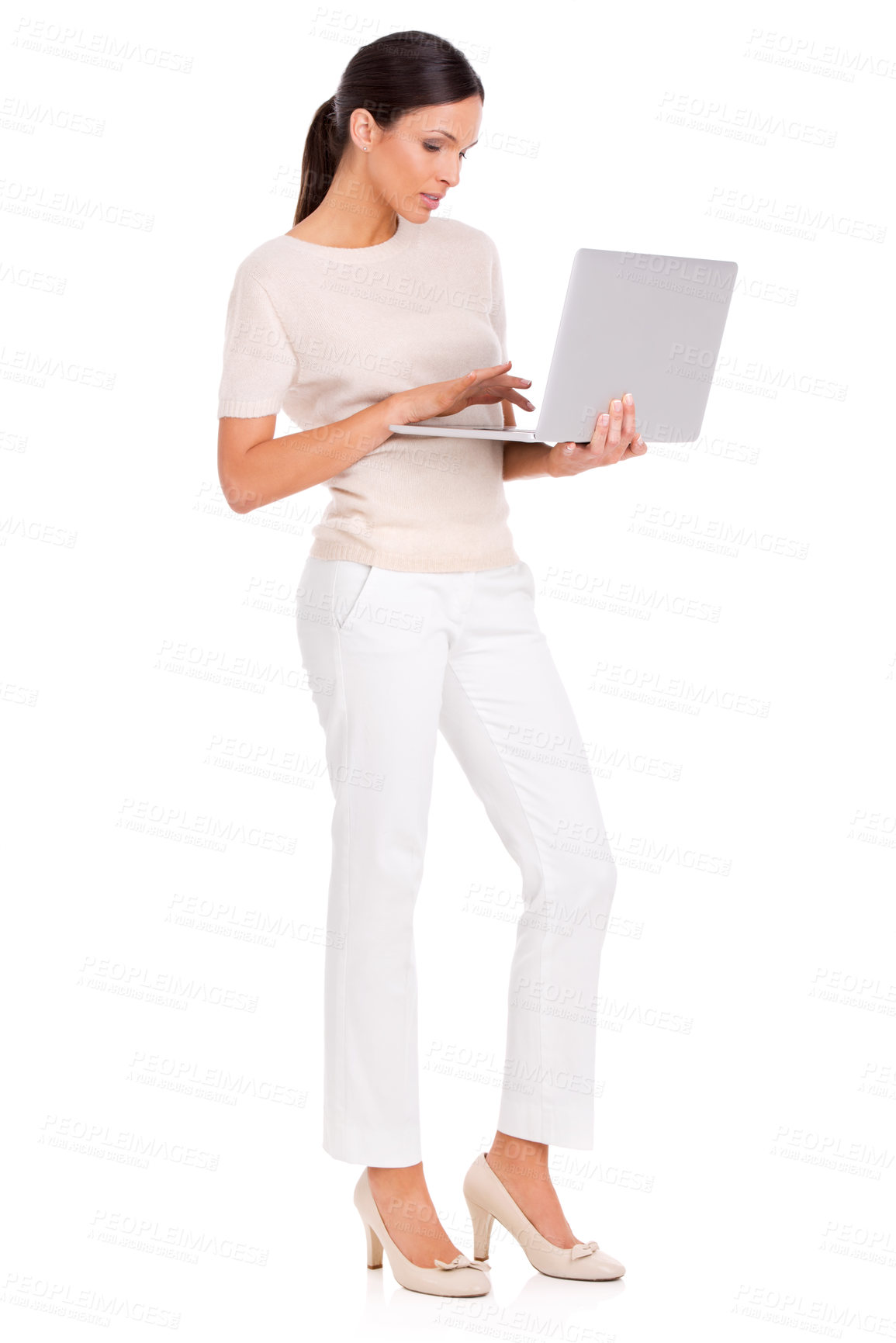 Buy stock photo Business woman, laptop and planning in studio, networking and internet for research on white background. Female person, full body and online for social media, email and website for opportunity