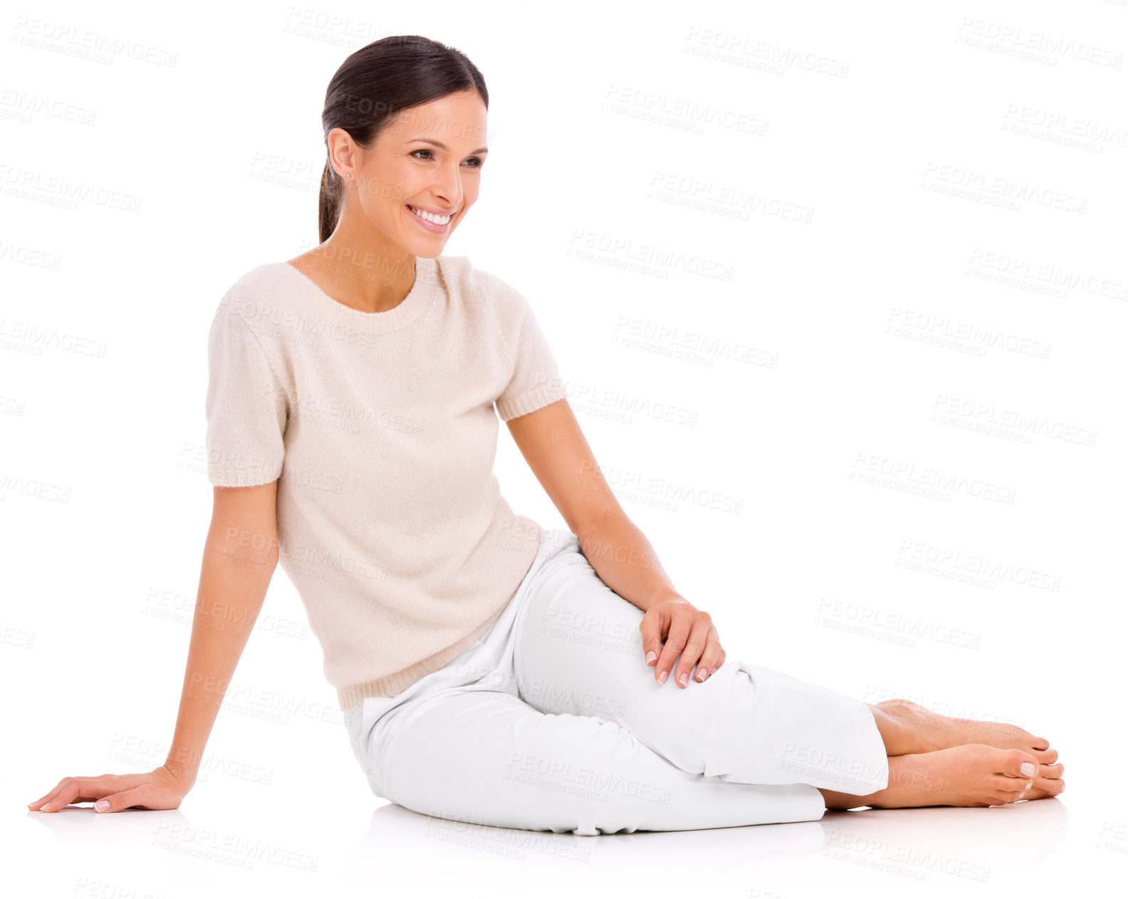 Buy stock photo Woman, portrait and smile in studio for thinking relax with for good mood, carefree or wondering. Female person, face and floor rest with thoughts on white background in Canada, comfort or mock up
