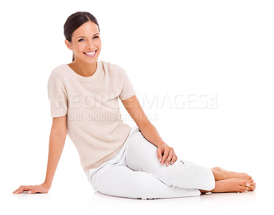 Buy stock photo Fashion, portrait and happy woman relax on floor in studio, white background and mock up space. Calm, model and artist sitting with casual or creative style for work with a smile on face with beauty