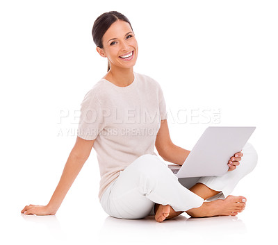 Buy stock photo Portrait, laptop and laughing with smile of woman in studio isolated on white background for networking. Computer, research and funny with happy young person sitting on floor for internet study