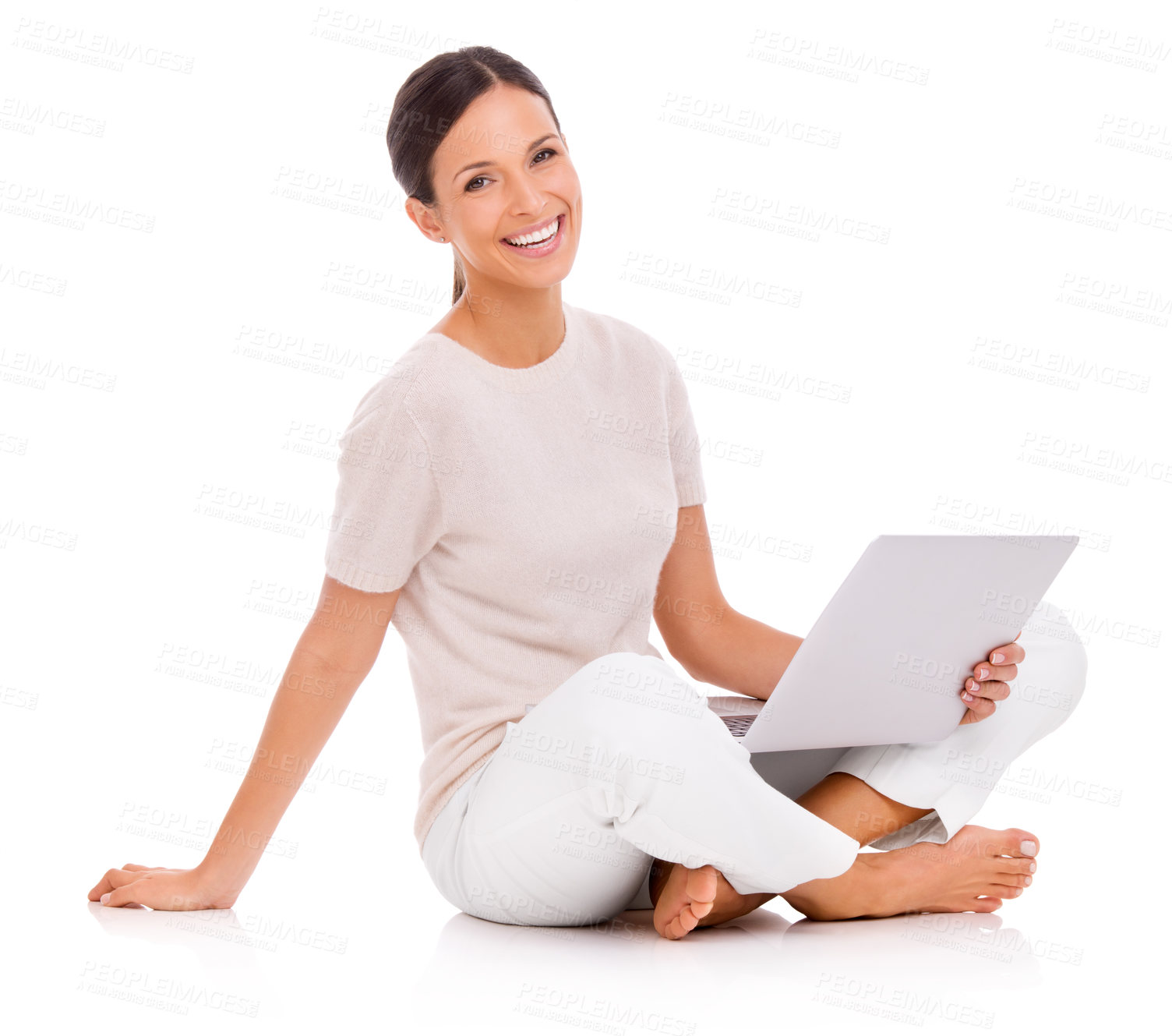 Buy stock photo Portrait, laptop and laughing with smile of woman in studio isolated on white background for networking. Computer, research and funny with happy young person sitting on floor for internet study
