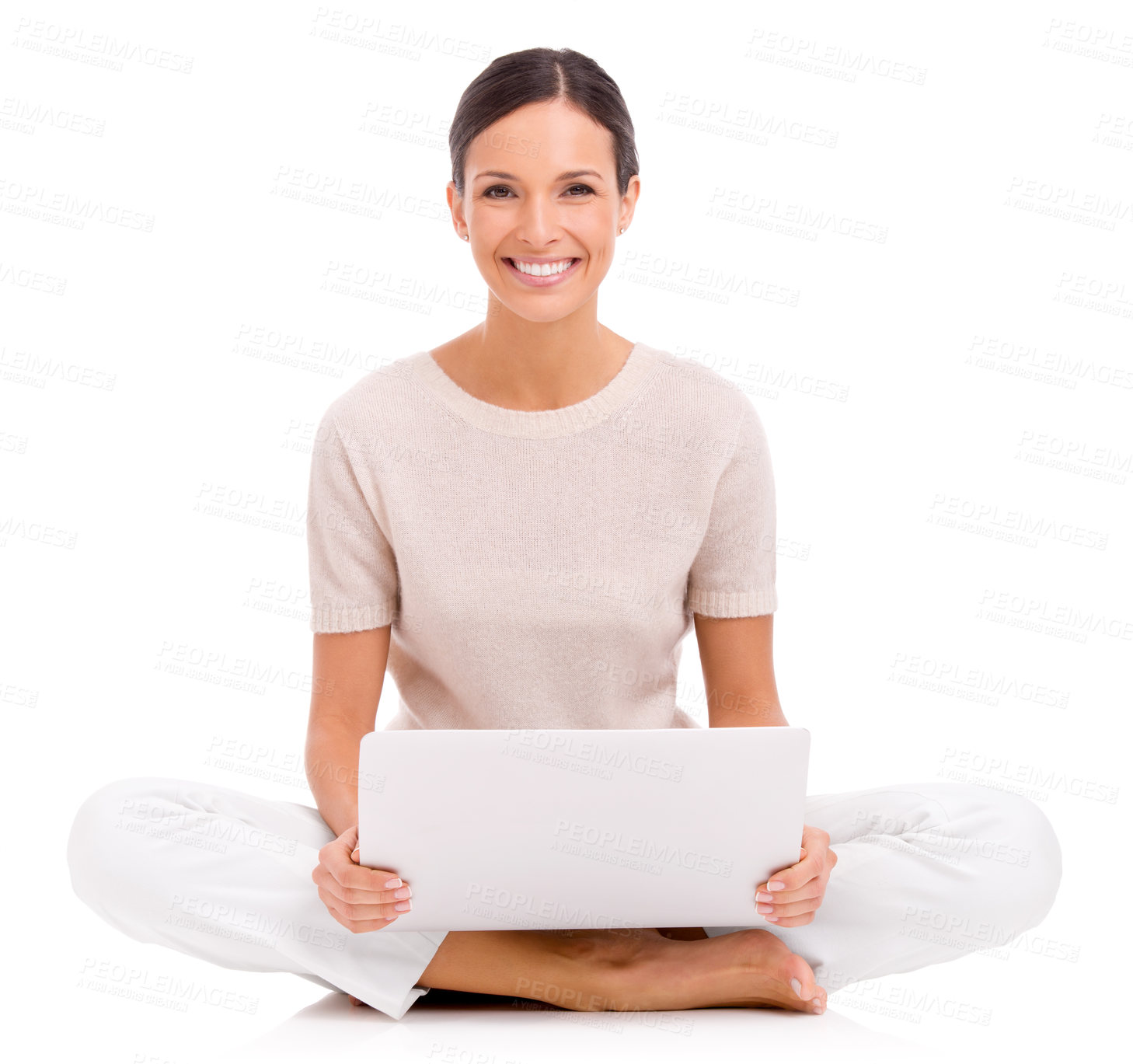 Buy stock photo Portrait, laptop and email with smile of woman in studio isolated on white background for networking. Computer, learning or research with happy young person sitting on floor for internet study