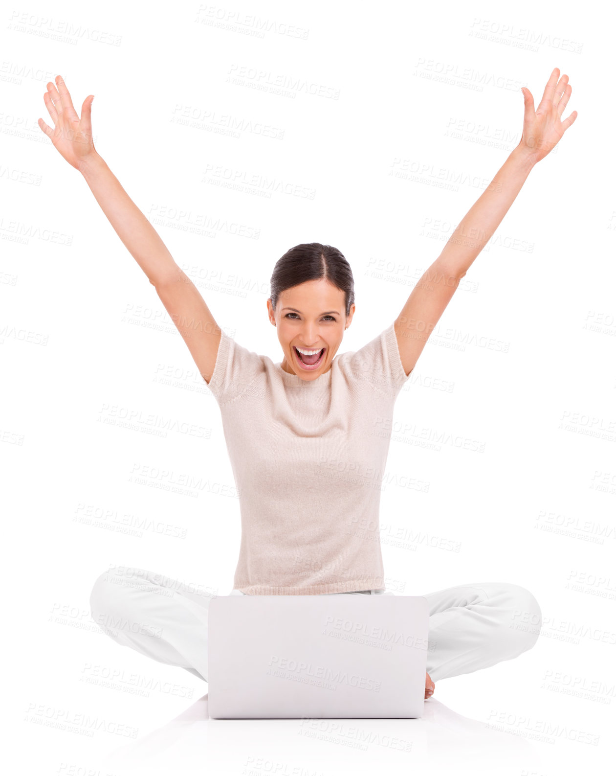 Buy stock photo Portrait, laptop and winner with smile of woman in studio isolated on white background for success. Computer, motivation and celebration with happy young person cheering on floor for achievement