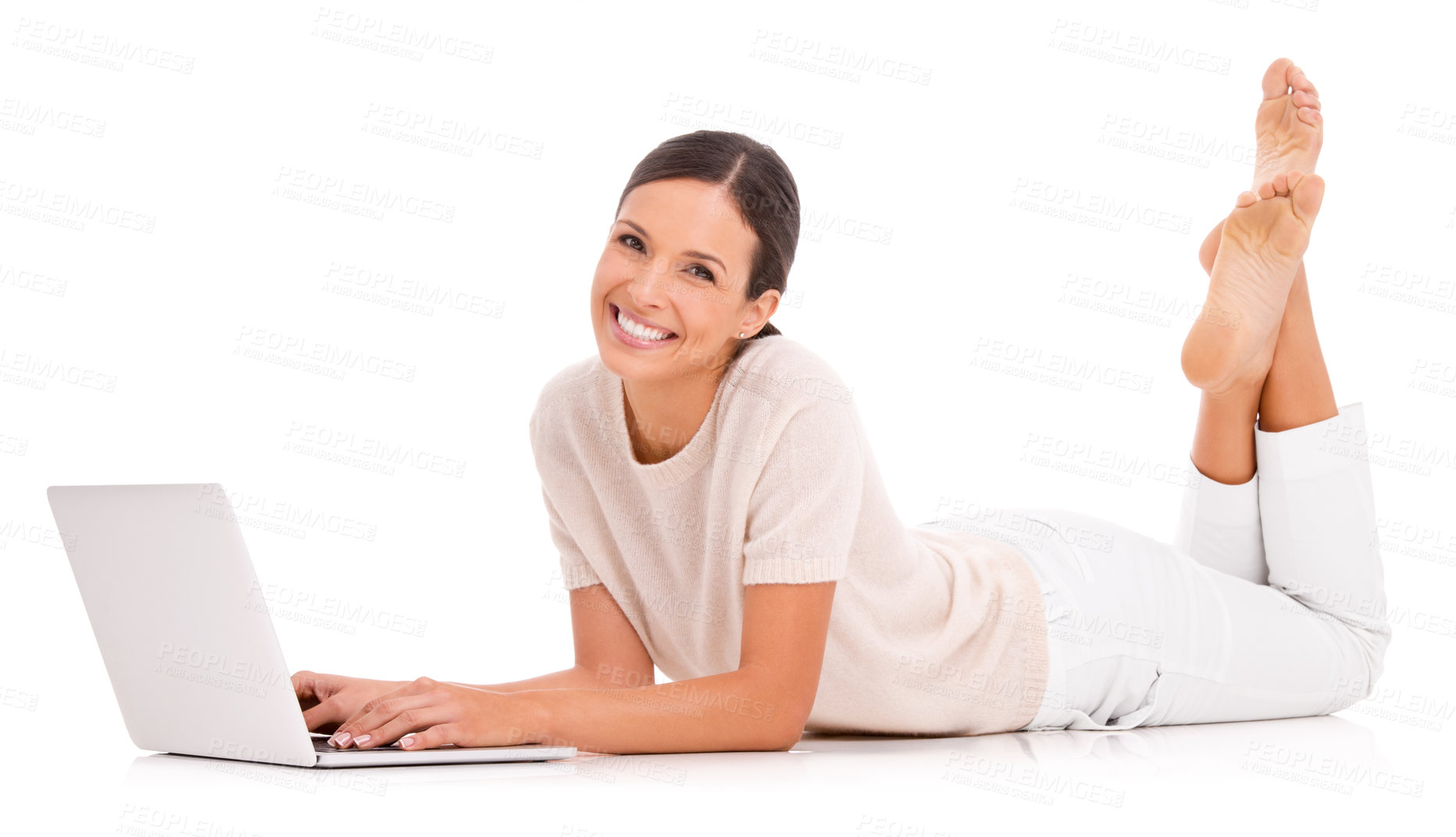 Buy stock photo Portrait, laptop and research with smile of woman in studio isolated on white background for networking. Computer, learning or information with happy young person lying on floor for internet study