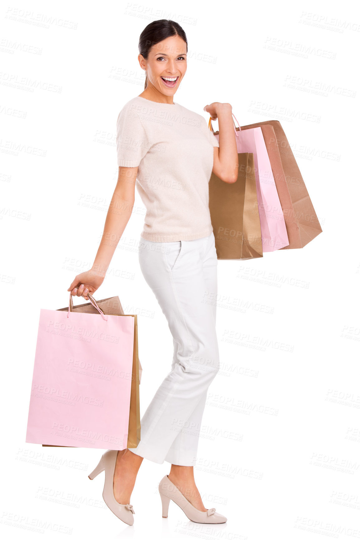 Buy stock photo Excited, shopping and portrait of woman on a white background with bag for sale, discount and deal. Fashion, happy customer and isolated person for retail products, consumerism and purchase in studio