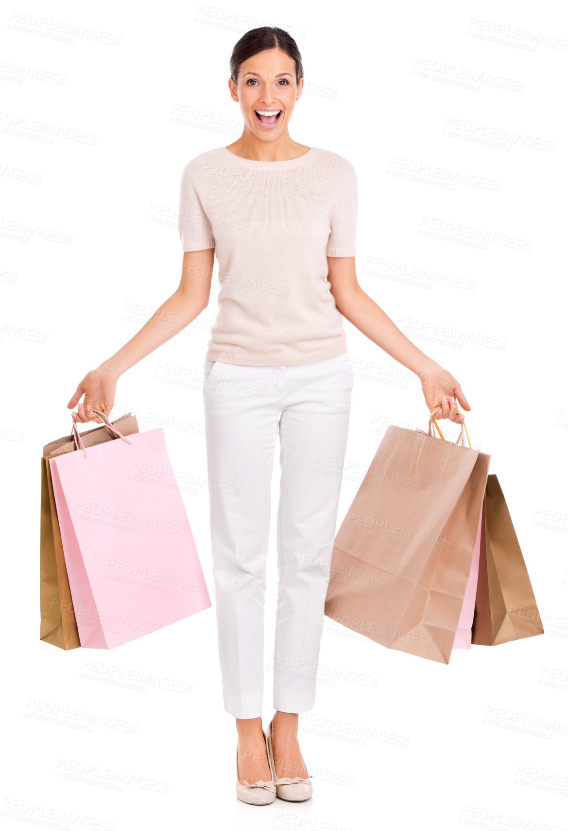 Buy stock photo Woman, portrait and shopping bags or excited in studio as customer or discount, promotion or giveaway. Female person, face and fashion product on white background for purchase, retail or mockup space