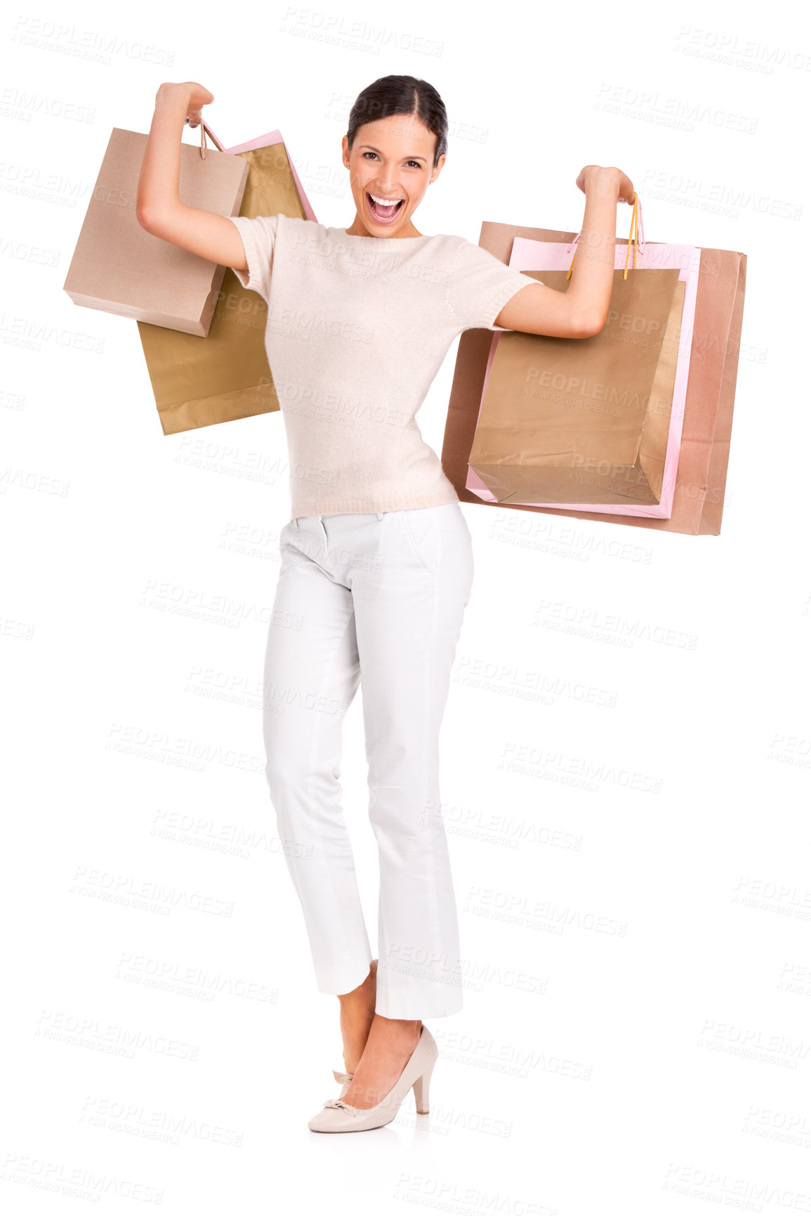 Buy stock photo Woman, portrait and shopping bags or excited as customer for retail discount, promotion or giveaway. Female person, face and fashion product in studio on white background, purchase or mockup space