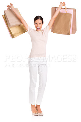 Buy stock photo Woman, portrait and shopping bags or excited for deal as customer or discount, promotion or giveaway. Female person, face and fashion product on white background for purchase, retail or mockup space
