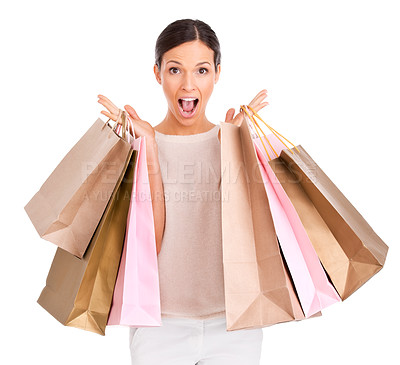 Buy stock photo Woman, portrait and shopping bags or excited for sale as customer or discount, promotion or giveaway. Female person, face and mall product on white background for purchase, retail or mockup space