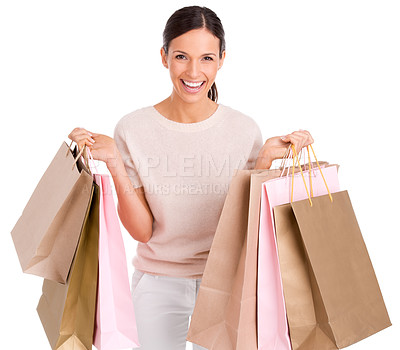 Buy stock photo Woman, portrait and shopping bags for retail sale or customer discount, promotion or excited. Female person, face and boutique product in studio on white background for purchase, gift or mockup space