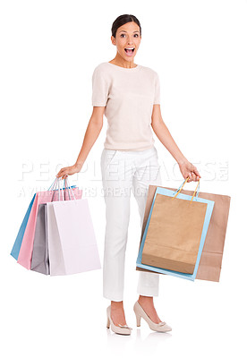 Buy stock photo Surprise, shopping and portrait of woman on a white background with bag for sale, discount and deal. Excited, happy customer and isolated person for retail, consumerism and fashion purchase in studio