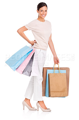 Buy stock photo Woman, portrait and shopping bags for retail promotion or customer discount, sale or excited. Female person, face and fashion product in studio on white background for purchase, gift or mockup space