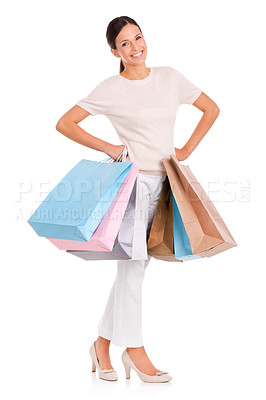 Buy stock photo Woman, portrait and shopping bags for retail offer or customer discount, sale or excited. Female person, face and fashion mall product in studio on white background for purchase, gift or mockup space