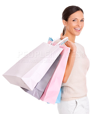 Buy stock photo Woman, portrait and shopping bags for fashion retail with promotion for customer discount, sale or deal. Female person, studio and mockup space for boutique gift product, white background or giveaway