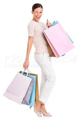 Buy stock photo Woman, wink and shopping bags for fashion retail with promotion for customer discount, sale or deal. Female person, studio and mockup space for boutique gift product, white background or giveaway