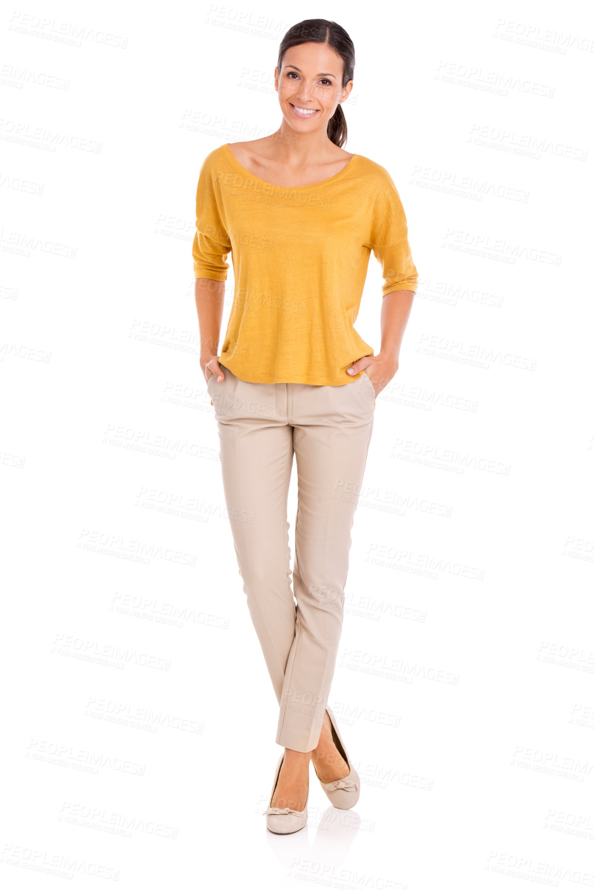 Buy stock photo Female person, fashion and portrait for happy, body and startup in outfit in studio for minimalist style. Woman, smile and yellow top by white background, hand in pocket and confident in apparel 