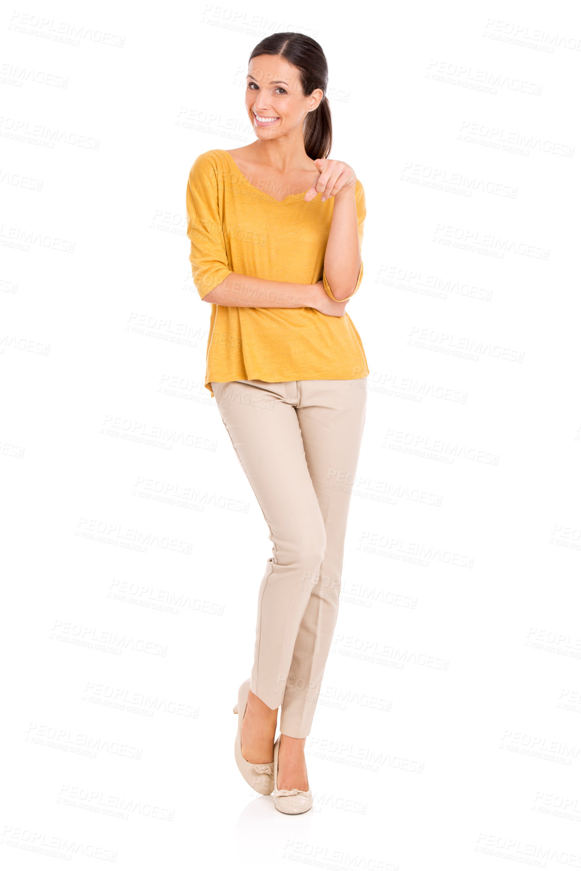 Buy stock photo Woman, fashion and portrait for elegance, point and smile in outfit in studio for minimalist style. Female person, happy and yellow top by white background, proud and confident in attractive apparel 