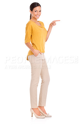 Buy stock photo Pointing, business and portrait of woman on a white background for advertising, mockup space and news. Hand gesture, professional and isolated person for promotion, announcement and sign in studio