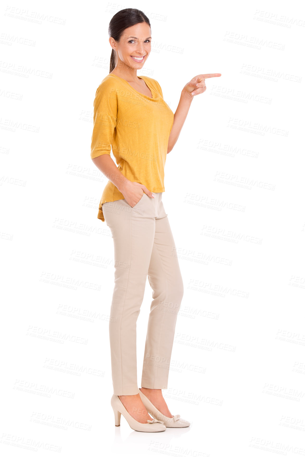 Buy stock photo Pointing, business and portrait of woman on a white background for advertising, mockup space and news. Hand gesture, professional and isolated person for promotion, announcement and sign in studio