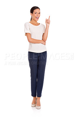 Buy stock photo Pointing up, business and portrait of woman on a white background for advertising, mockup space and news. Hand gesture, professional and isolated person for promotion, announcement and sign in studio