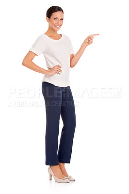 Buy stock photo Pointing, happy and portrait of business woman on a white background for advertising, showing and news. Hand gesture, professional and isolated person for promotion, announcement and sign in studio