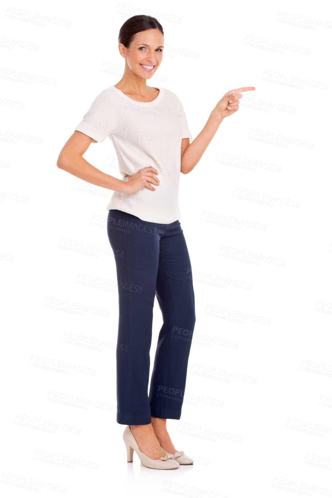 Buy stock photo Pointing, happy and portrait of business woman on a white background for advertising, showing and news. Hand gesture, professional and isolated person for promotion, announcement and sign in studio