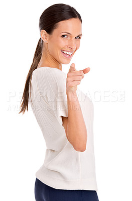 Buy stock photo Happy, woman and portrait pointing to you for recruitment in studio, white background and hr mockup. Hand, invitation and we are hiring with human resources and gesture to choice or decision