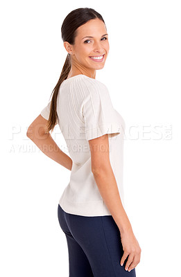 Buy stock photo Happy, model and portrait with fashion in studio, white background or mock up. Happy, woman and creative style for work as professional art director with a smile for confidence and pride career