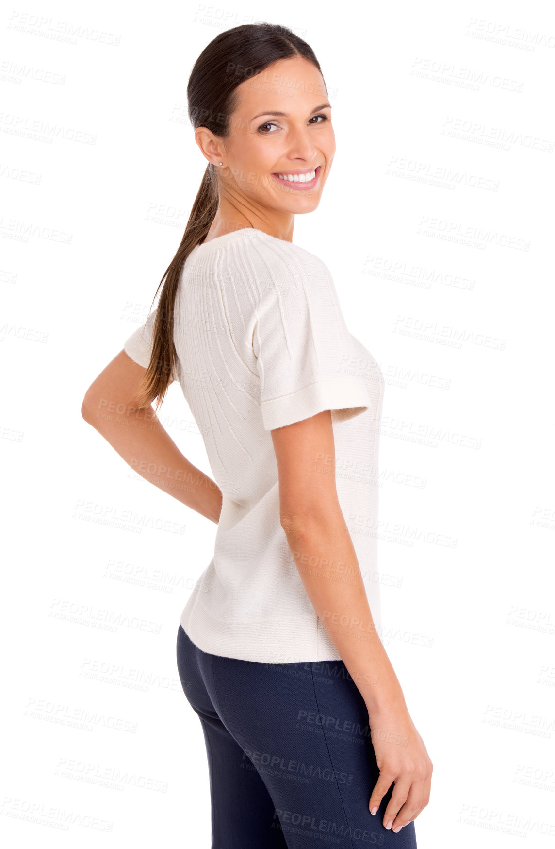 Buy stock photo Happy, model and portrait with fashion in studio, white background or mock up. Happy, woman and creative style for work as professional art director with a smile for confidence and pride career