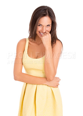 Buy stock photo Studio portrait of a beautiful young woman posing in a yellow dress