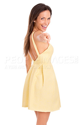 Buy stock photo Happy woman, portrait and pointing to you for choice, pick or decision on a white studio background. Female person or model with smile in yellow dress or confidence for selection on mockup space