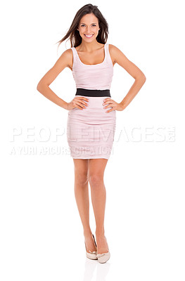 Buy stock photo Full-length studio portrait of a beautiful young woman posing in a pink dress
