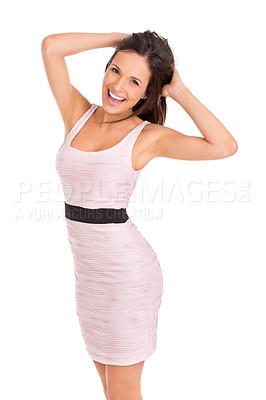Buy stock photo Studio, smile and woman with portrait, joy and fashion for happiness or confidence. Cool model, proud and trendy for positive empowerment, style and positivity with pink dress on white background 