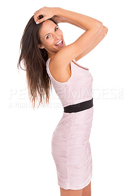 Buy stock photo Studio, excited and portrait with smile, woman and happiness or confidence. Model, fashion and positive with summer style, empowerment and proud or elegant with pink dress on white background