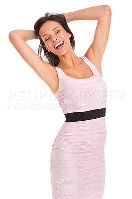 Buy stock photo Studio, smile and woman with freedom, fashion and beauty for happiness or confidence. Cool model, proud and trendy for positive empowerment, style and positivity with pink dress on white background