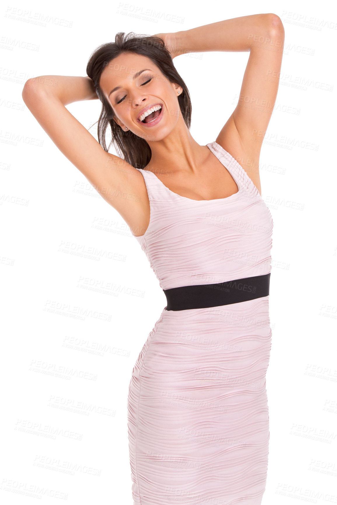 Buy stock photo Studio, smile and woman with freedom, fashion and beauty for happiness or confidence. Cool model, proud and trendy for positive empowerment, style and positivity with pink dress on white background