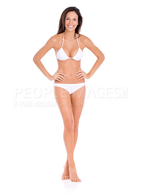 Buy stock photo Bikini, fashion and sexy portrait of woman in studio, white background and mock up with pride. Happy, model and girl in underwear with confidence for summer, vacation or swimwear style for holiday