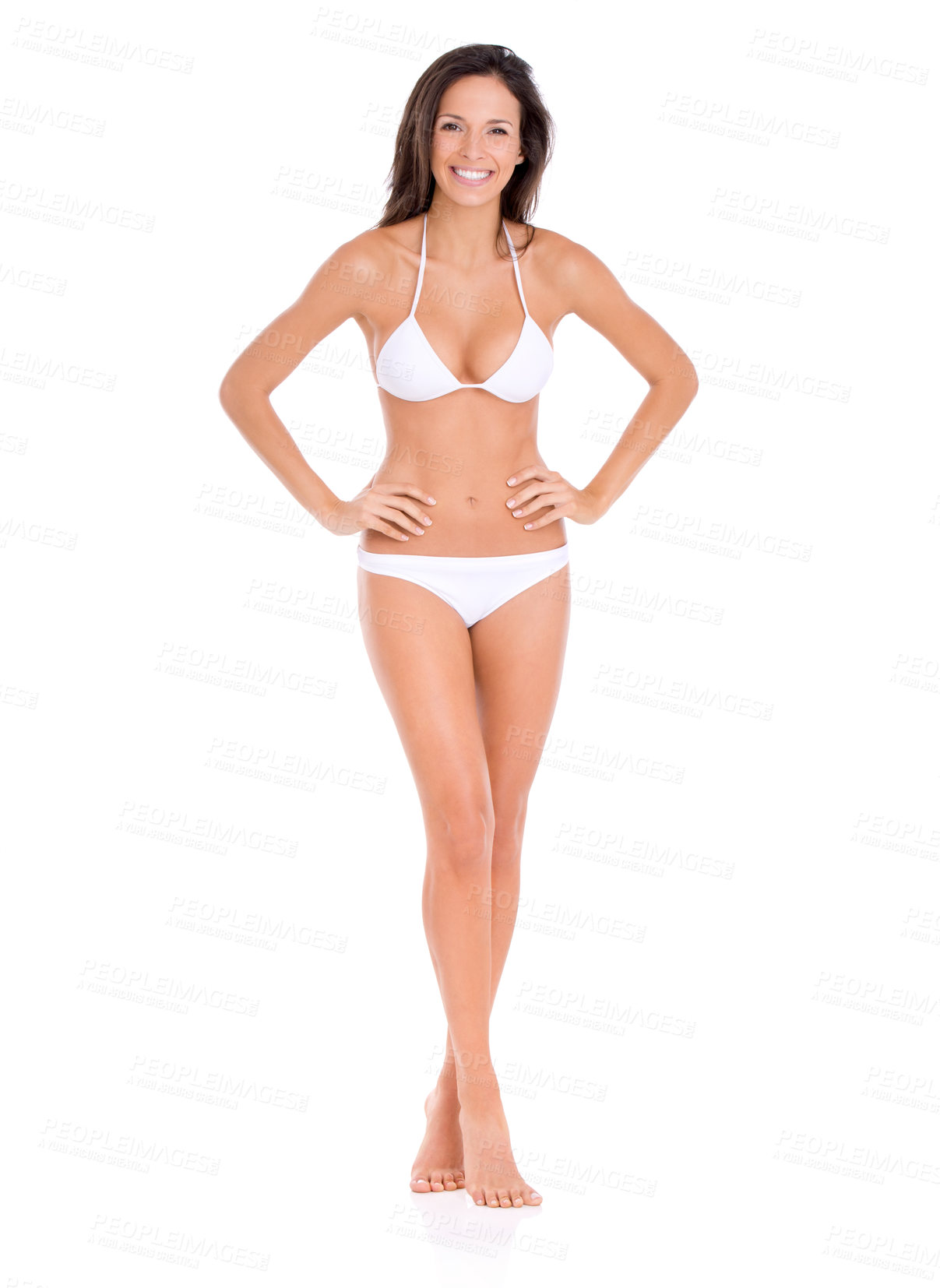 Buy stock photo Bikini, fashion and sexy portrait of woman in studio, white background and mock up with pride. Happy, model and girl in underwear with confidence for summer, vacation or swimwear style for holiday