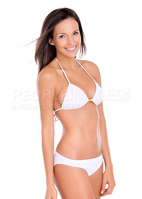 Buy stock photo Woman, portrait and studio with summer bikini for fashion, slim body and smile with confidence for natural figure. Female person, attractive with swimsuit, underwear and style with white background