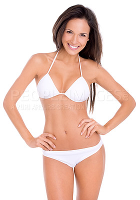 Buy stock photo Sexy, model and confident portrait in bikini on studio, white background and mock up with fashion. Swimwear, woman and girl in underwear with beauty for vacation or style for holiday with happiness
