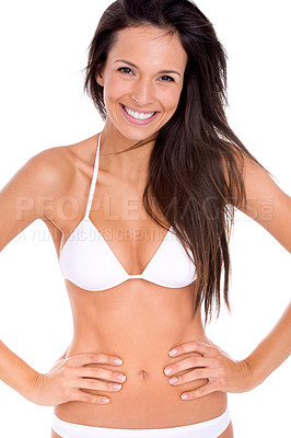 Buy stock photo Woman, portrait and bikini in studio with beach confidence for tropical summer for vacation, wellness or white background. Female person, face and swimsuit in Florida relax, mockup space or carefree