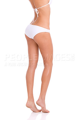 Buy stock photo Legs, woman in underwear and epilation for skincare, beauty and grooming isolated on white background. Smooth skin, wellness with cosmetics and shine from waxing or laser hair removal in studio