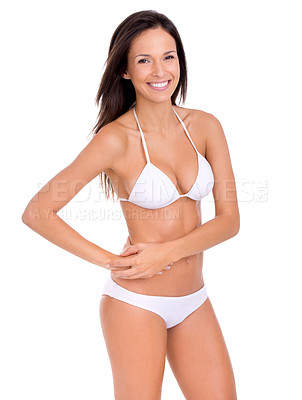 Buy stock photo Woman, portrait and bikini for fashion and beauty with smile, swimwear style with cosmetics and skin on white background. Healthy glow, wellness with model in beach wear or underwear in studio