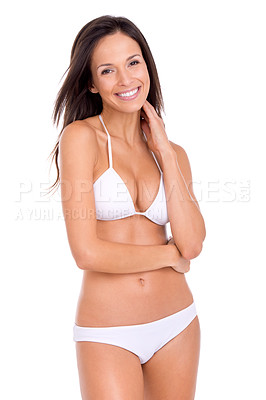 Buy stock photo Happy woman, portrait and bikini for fashion and beauty with smile, swimwear style with cosmetics and skin on white background. Healthy glow, wellness with model in beach wear or underwear in studio
