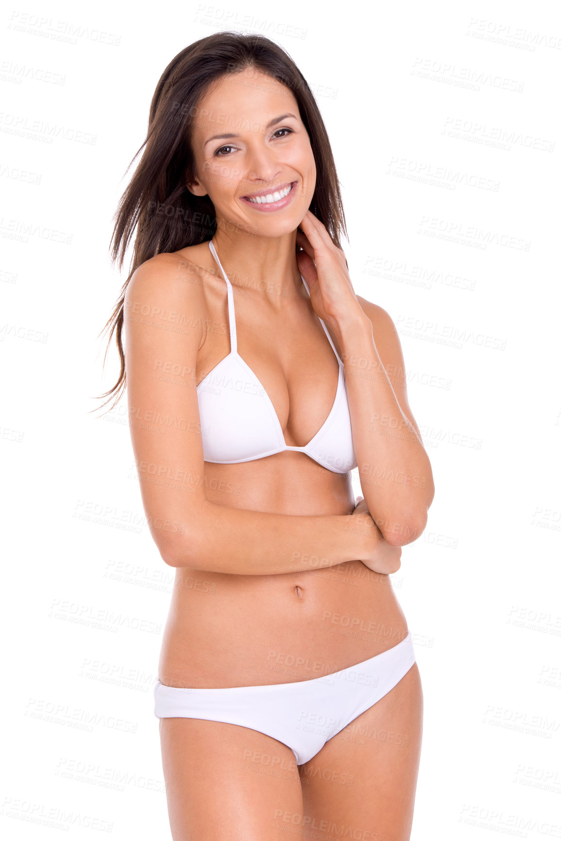 Buy stock photo Happy woman, portrait and bikini for fashion and beauty with smile, swimwear style with cosmetics and skin on white background. Healthy glow, wellness with model in beach wear or underwear in studio