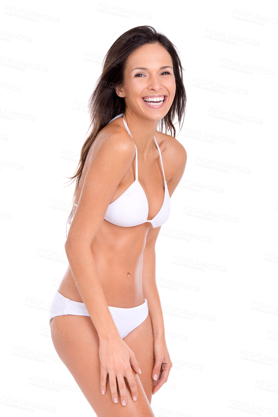 Buy stock photo Studio shot of a beautiful brunette model in a bikini isolated on white
