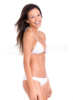 Buy stock photo Woman, portrait and studio with swimwear for fashion, slim body and smile with confidence for natural figure. Female person, attractive with summer bikini, underwear and style with white background