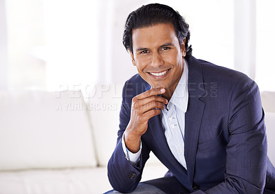 Buy stock photo Portrait, happy and business man thinking in home for job or career of employee in Brazil. Face, professional or confident entrepreneur, realtor or smile of real estate agent in suit working in house