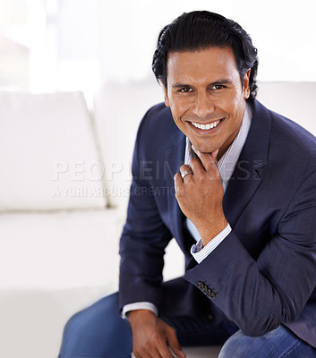 Buy stock photo Portrait, smile and business man thinking in home for job or career of employee in Brazil. Face, happy professional and confident entrepreneur, realtor and real estate agent in suit working in house